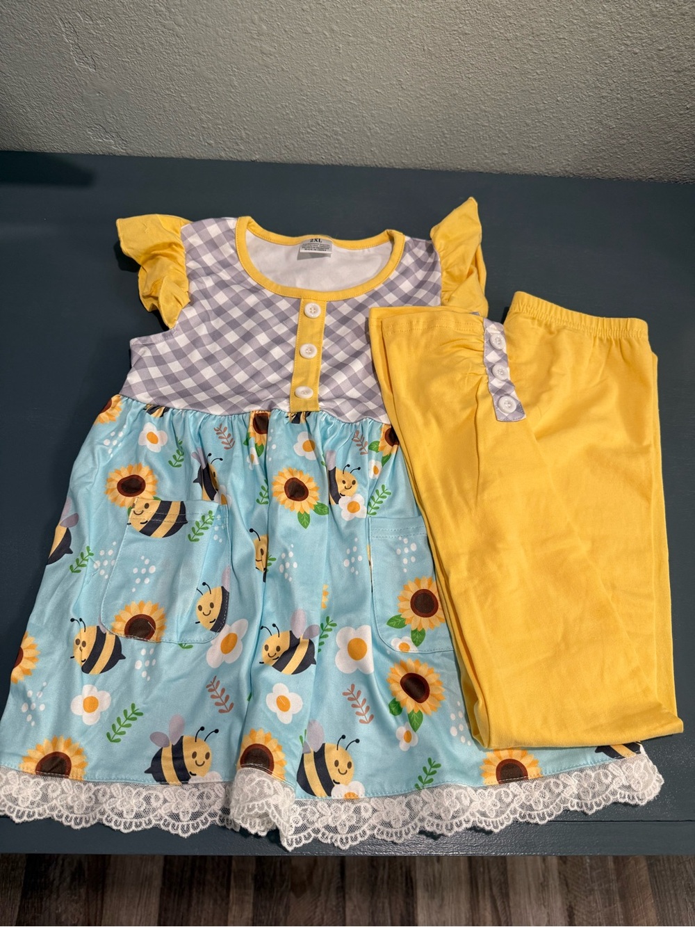 NWOT Yellow & Blue Bee & flower Dress with Yellow Leggings - Kids